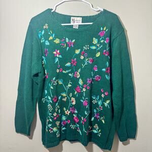 Vtg Maggie Sweet Floral Embroidered Knit Sweater Green Ramie Cotton Large 90s